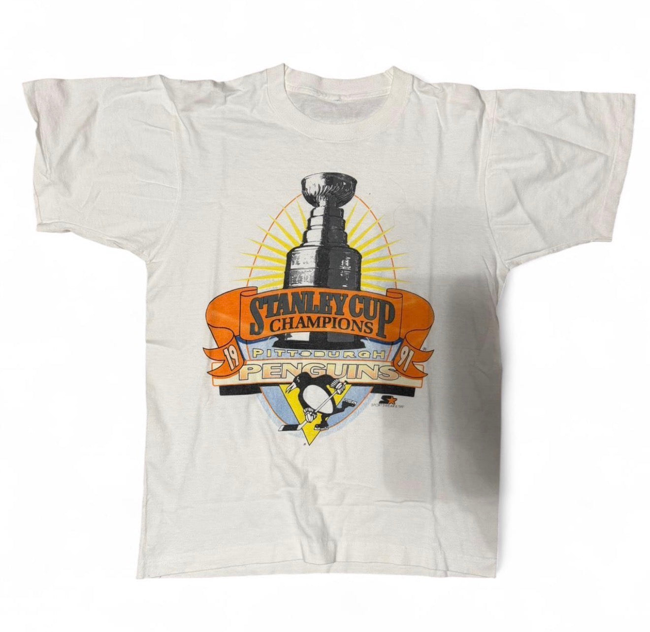 1991 Stanley Cup Champion Penguins T-shirt - white and orange cotton tee hockey