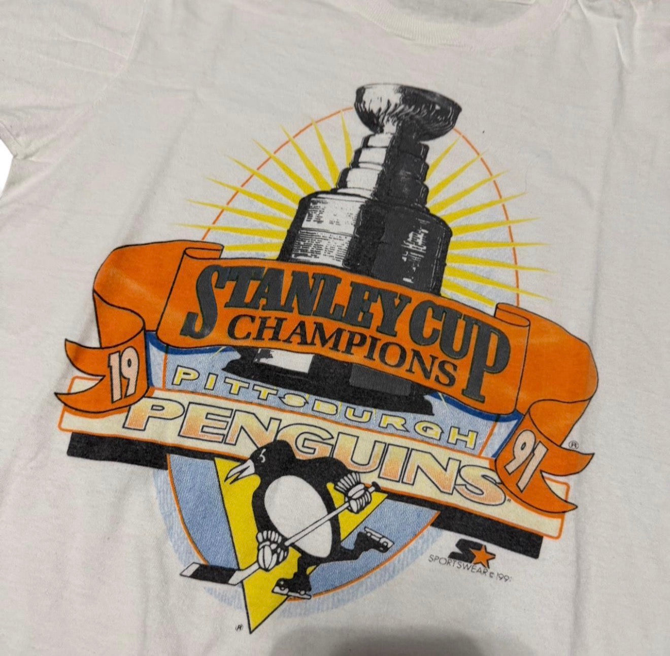 1991 Stanley Cup Champion Penguins T-shirt - white and orange cotton tee hockey