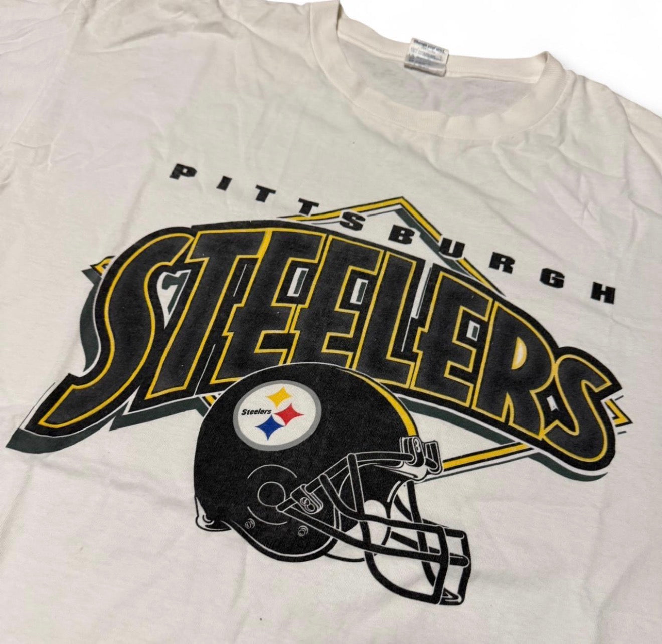 1990s Pittsburgh Steelers single stitch white and yellow cotton t-shirt
