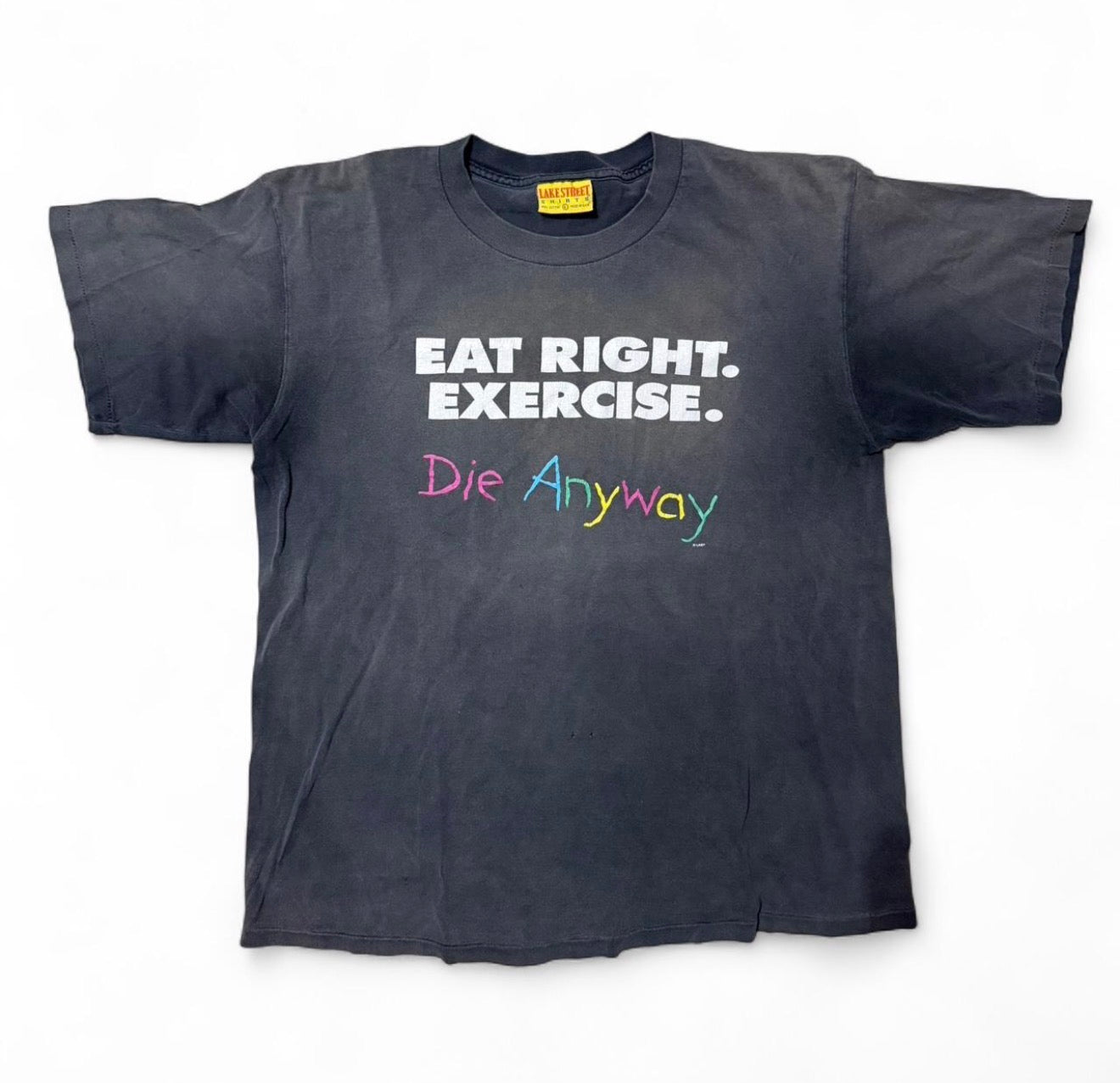 Black cotton "Eat Right, Exercise, Die Anyway" T-Shirt vintage lake street