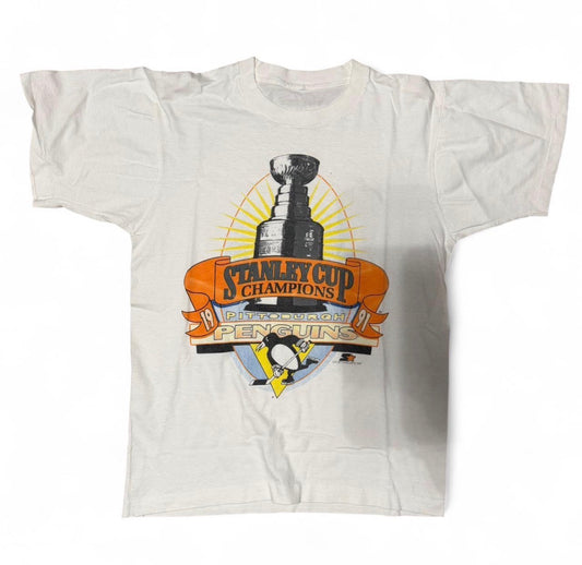 1991 Stanley Cup Champion Penguins T-shirt - white and orange cotton tee hockey